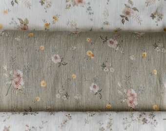 Jardin romantique, tissu en lin vert pastel pour coudre des vêtements par mètre, tissu imprimé avec des fleurs à l'aquarelle, imprimé floral vintage