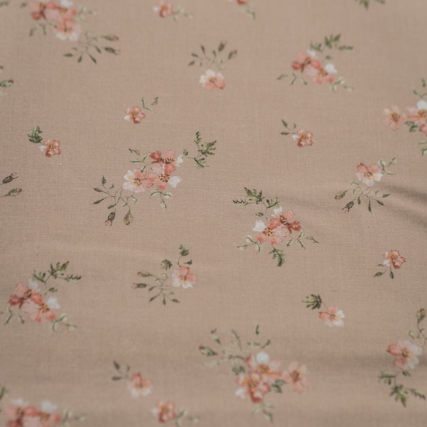 Rose Dream, Dusty Pink Cotton Fabric for Sewing Clothing by the Yard, Printed Fabric with Watercolour Flowers, Vintage Floral Print