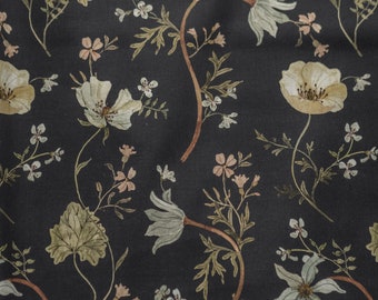 May include: A black fabric with a floral pattern. The flowers are white, pink, and green. The fabric has a subtle sheen.