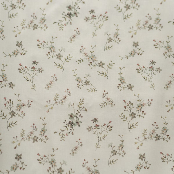 Morning Mist, Ivory White Cotton Fabric for Sewing Clothing by the Yard, Printed Fabric with Watercolour Flowers, Vintage Floral Print