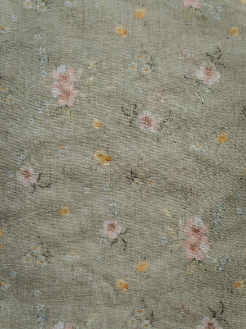 Romantic Garden, Pastel Green Linen Fabric for Sewing Clothing by the Yard, Printed Fabric with Watercolour Flowers, Vintage Floral Print image 3