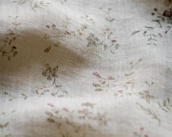 Morning Mist, Gray Linen Fabric for Sewing Clothing by the Yard, Printed Fabric with Watercolour Flowers, Vintage Floral Print