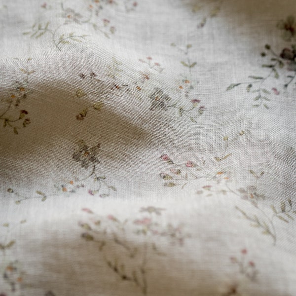 Morning Mist, Gray Linen Fabric for Sewing Clothing by the Yard, Printed Fabric with Watercolour Flowers, Vintage Floral Print