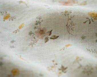 Romantic Garden, Ivory White Linen Fabric for Sewing Clothing by the Yard, Printed Fabric with Watercolour Flowers, Vintage Floral Print