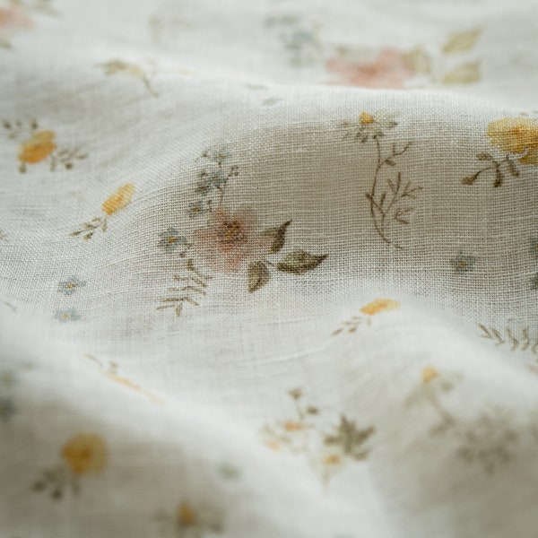 Romantic Garden, Ivory White Linen Fabric for Sewing Clothing by the Yard, Printed Fabric with Watercolour Flowers, Vintage Floral Print