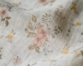 Romantic Garden Floral Linen Fabric by the Yard – Exclusive Watercolor Pattern with Flowers for Sewing Vintage-inspired Clothing & Crafts