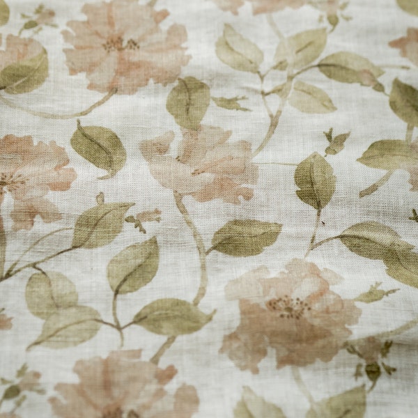 Roses, tissu en lin blanc ivoire pour coudre des vêtements par mètre, tissu imprimé avec des fleurs à l'aquarelle, imprimé floral vintage