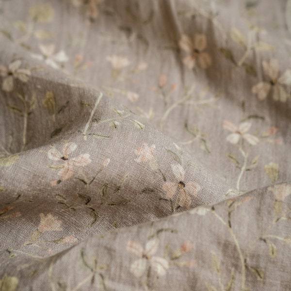 Cuckoo Flowers, Dusty Pink Linen Fabric for Sewing Clothing by the Yard, Printed Fabric with Watercolour Flowers, Vintage Floral Print