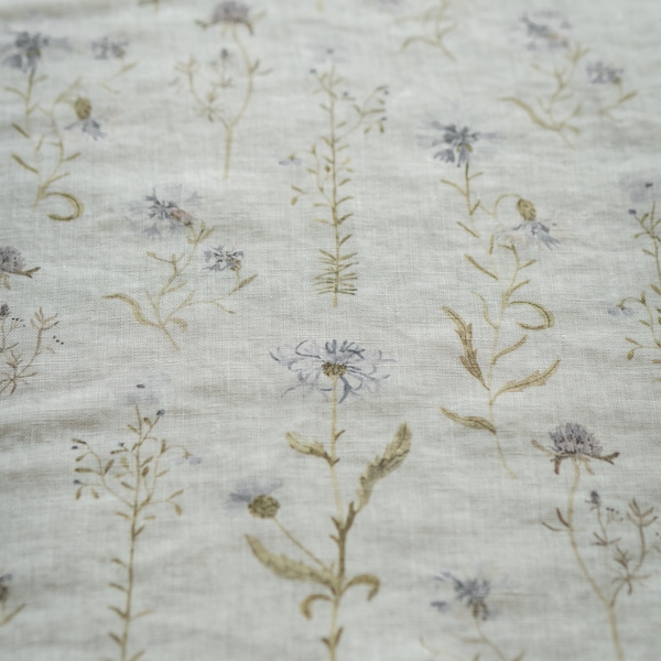 Cornflowers, Ivory White Linen Fabric for Sewing Clothing by the Yard, Printed Fabric with Watercolour Flowers, Vintage Floral Print