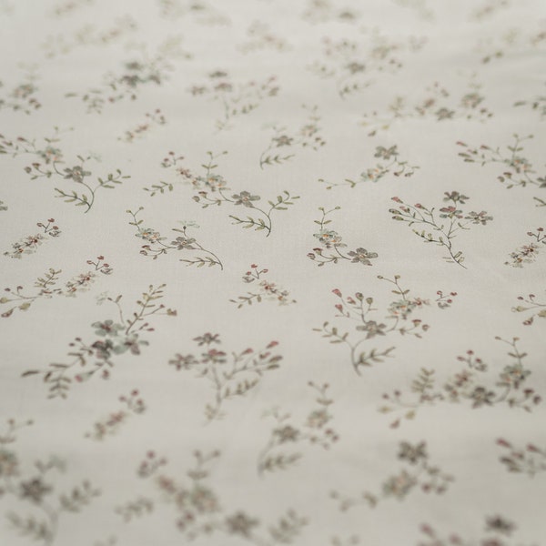 Morning Mist GOTS Cotton Fabric by the Yard, Printed Organic Poplin with Unique Floral Pattern, Watercolour Vintage Flowers, Ivory White