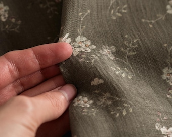 Morning Mist Dark Olive Green Floral Linen Fabric by the Yard – Watercolor Print, 150 GSM