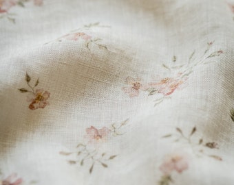 Rêve de rose, tissu en lin blanc rosé pour coudre des vêtements par mètre, tissu imprimé avec des fleurs à l'aquarelle, imprimé floral vintage