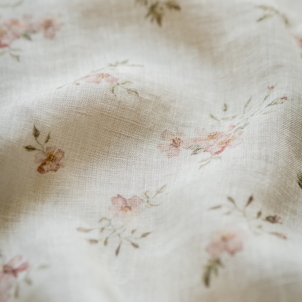 Rose Dream, Pinkish White Linen Fabric for Sewing Clothing by the Yard, Printed Fabric with Watercolour Flowers, Vintage Floral Print