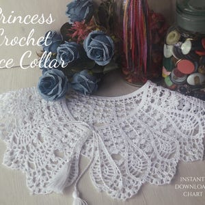 May include: A white, crocheted lace collar with a scalloped edge and a tassel tie. The collar is displayed on a light-coloured surface, with text that reads "Princess Crochet Lace Collar". Decorative blue roses and a jar of buttons are in the background.