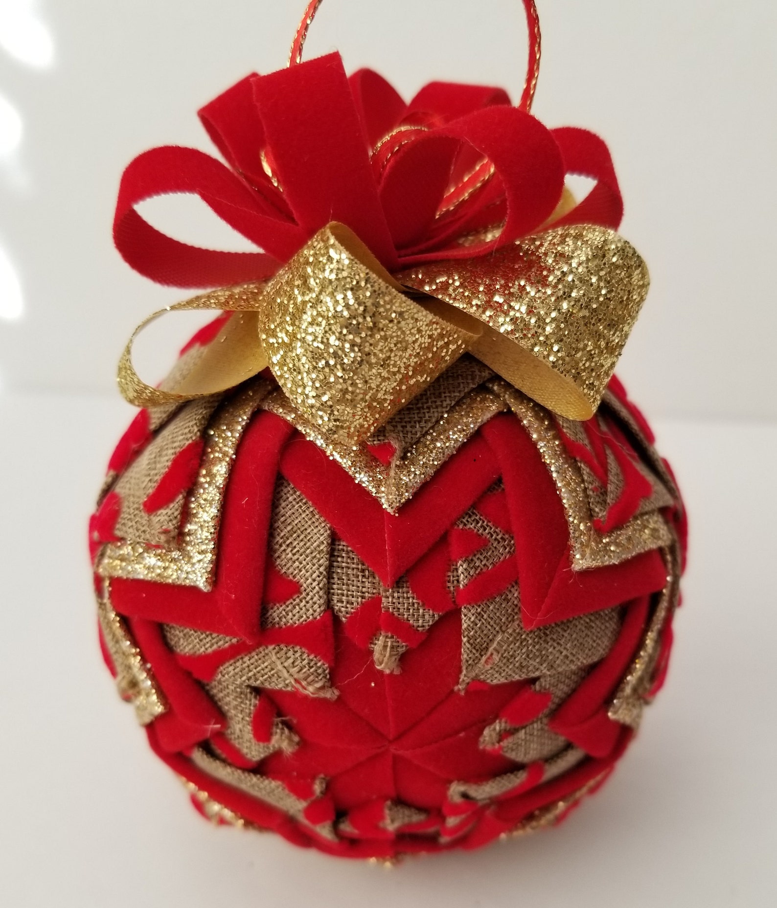 Quilted Christmas Ornament Ball Handmade From Burlap, Red and Gold