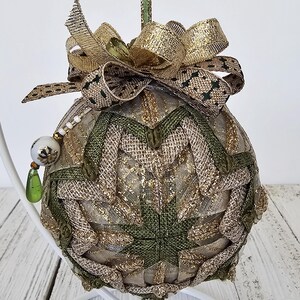 Handmade Quilted Christmas Ornament – Elegant Holiday Decor, green, gold and brown country Christmas