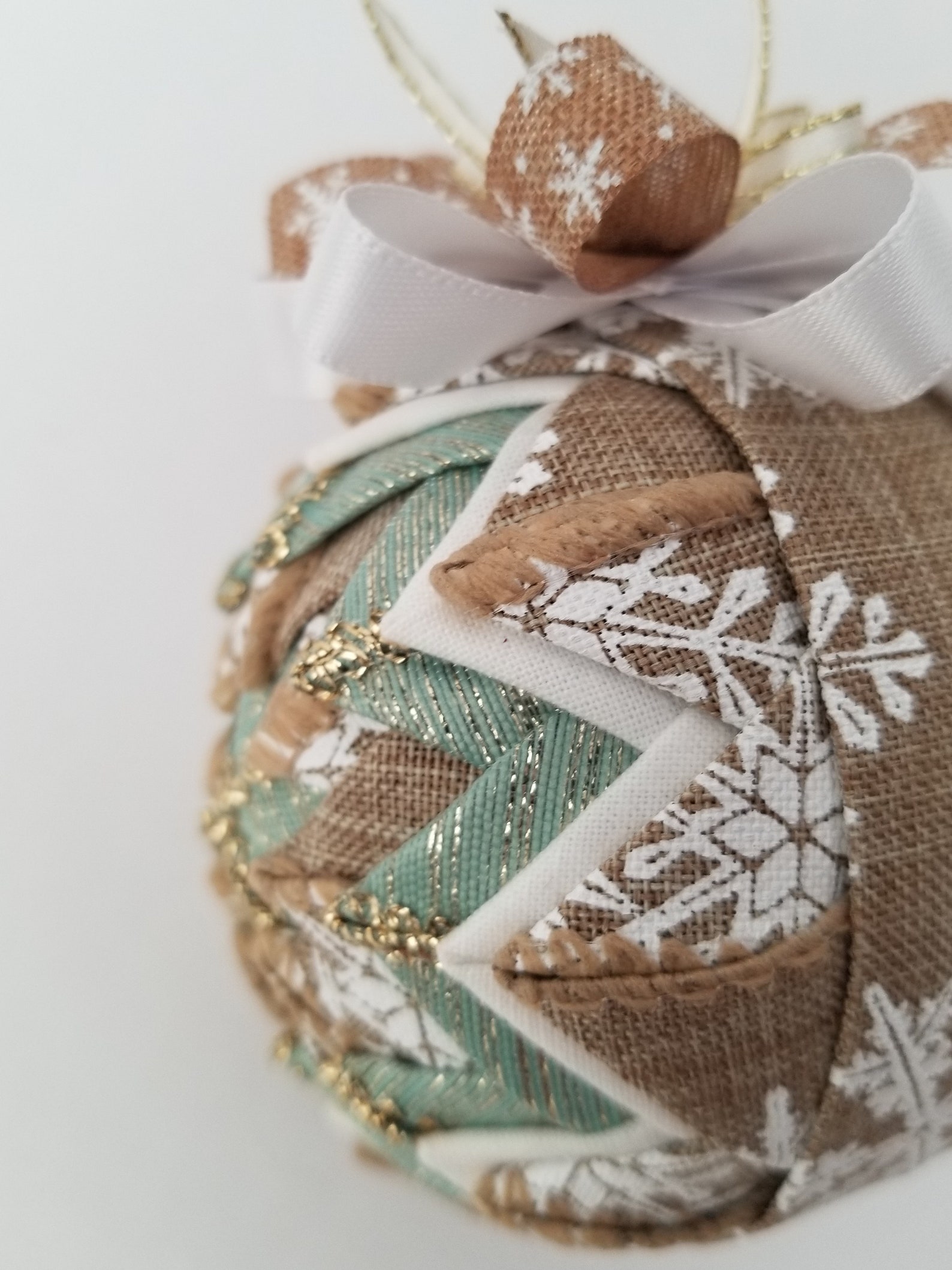 Quilted Christmas Ornament Ball Handmade From Burlap, Green and White