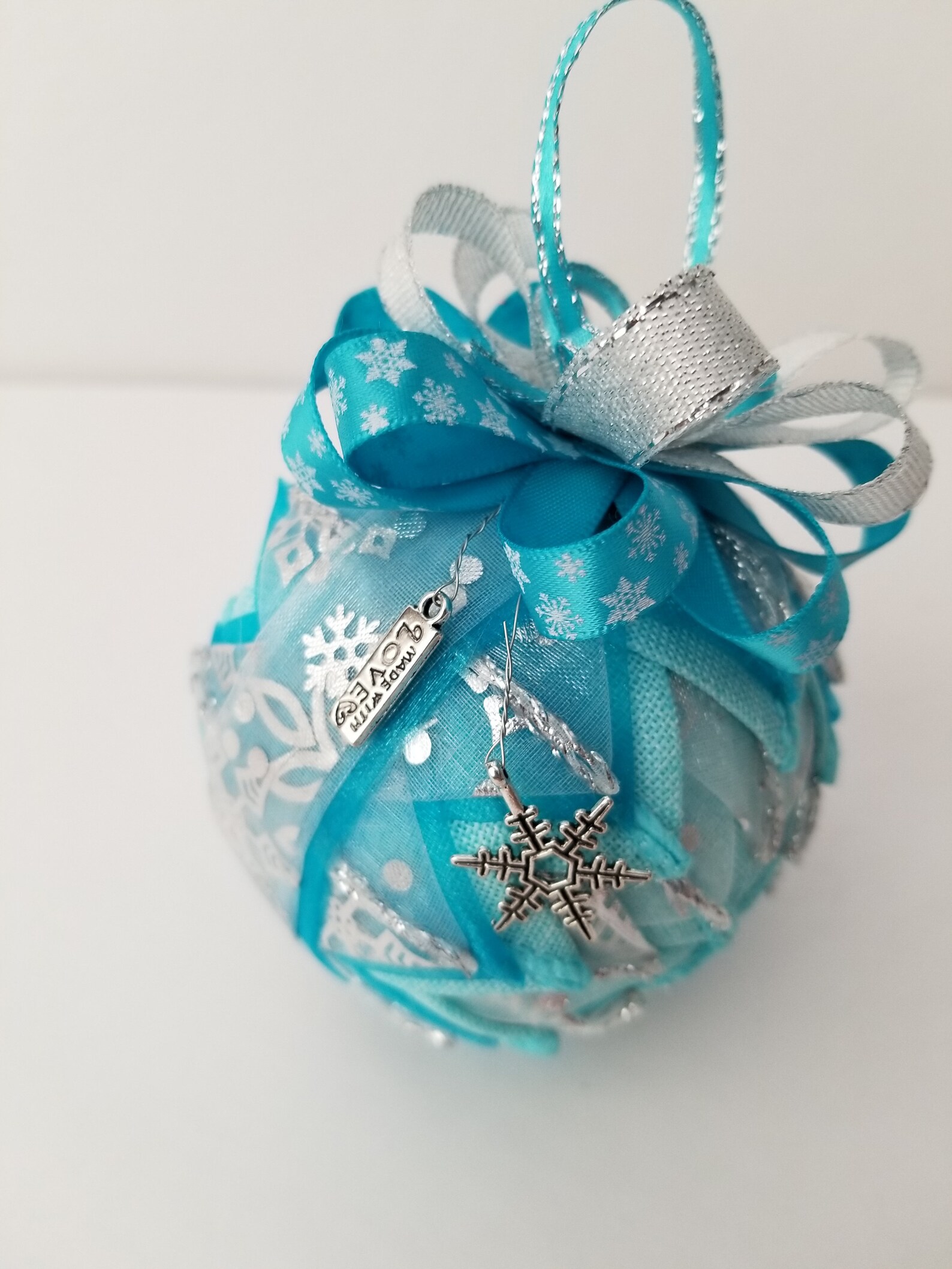 Quilted Christmas Ornament Ball Handmade From Silver and Turquoise