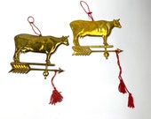 Vintage Christmas Ornament Brass Color Tin Weathervane Holiday Tree Trimming Farm Animal Standing Cow Barn Ranch Decoration Set of 2