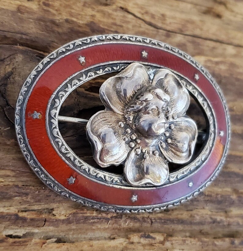 Vintage Sterling Angel Face Enamel Pin Art Nouveau