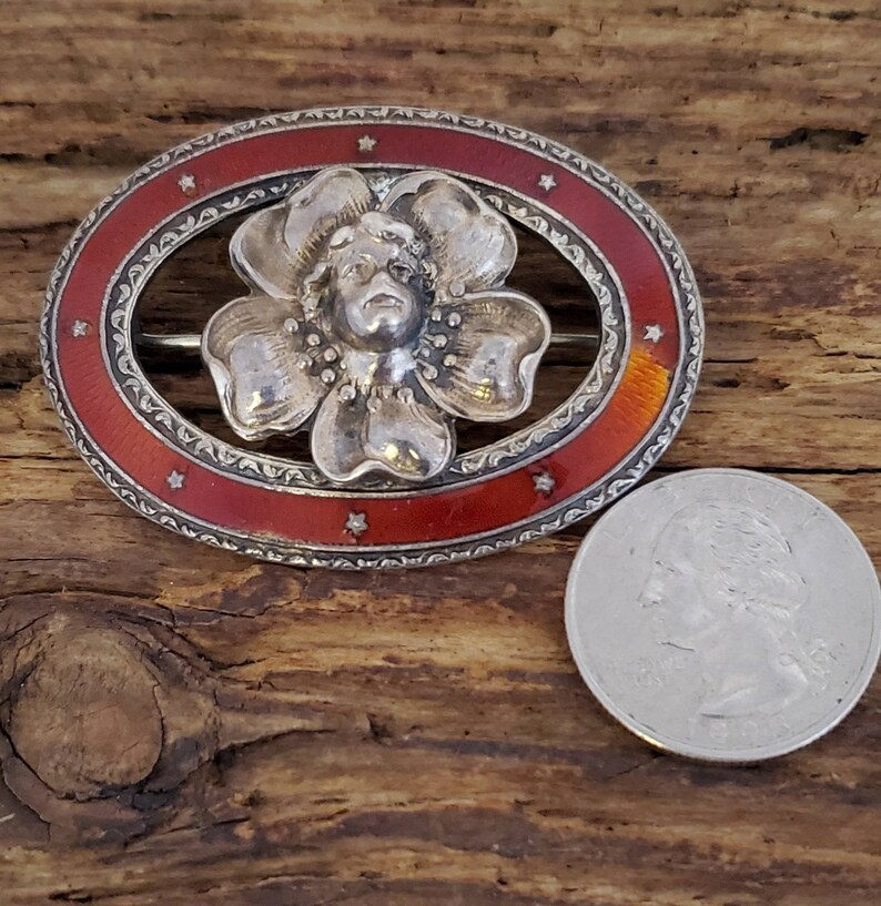 Vintage Sterling Angel Face Enamel Pin Art Nouveau