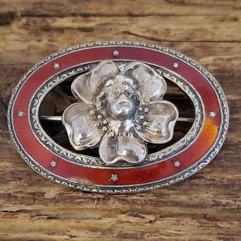 Vintage Sterling Angel Face Enamel Pin Art Nouveau
