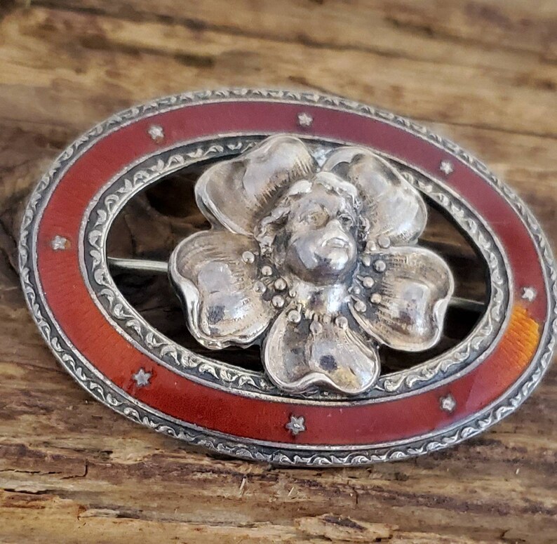 Vintage Sterling Angel Face Enamel Pin Art Nouveau