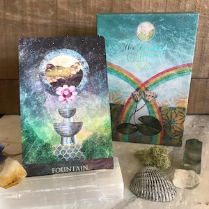 K&ouml;nnte beinhalten: Eine Karte aus dem "The Faceted Garden Oracle" Deck, mit einer stilisierten Illustration eines Brunnens mit einer rosa Blume oben. Die Karte ist mit "Fountain" betitelt.
