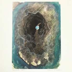 Fine-art print, schilderij, gouden inkt, maan, baarmoeder, retraite, etherische kunst, orakelkaartprint