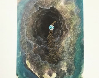 Fine art print, painting, gold ink, moon, womb, retreat, ethereal art, oracle card print