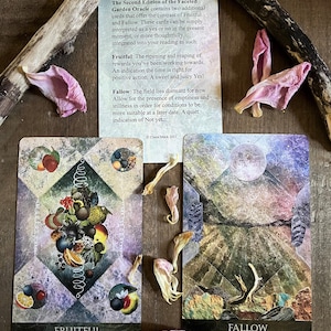 K&ouml;nnte beinhalten: Zwei Tarotkarten mit farbenfrohen Illustrationen. Die Karte links hei&szlig;t "Fruitful" und zeigt eine Vielzahl von Fr&uuml;chten und Gem&uuml;se. Die Karte rechts hei&szlig;t "Fallow" und zeigt eine Landschaft mit Vollmond.