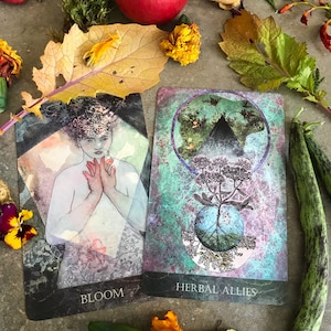 K&ouml;nnte beinhalten: Zwei Tarotkarten, eine mit einer Frau in meditativer Pose mit dem Wort "Bloom" unten und die andere mit einer Pflanze, die aus einer Kugel w&auml;chst, mit den Worten "Herbal Allies" unten.