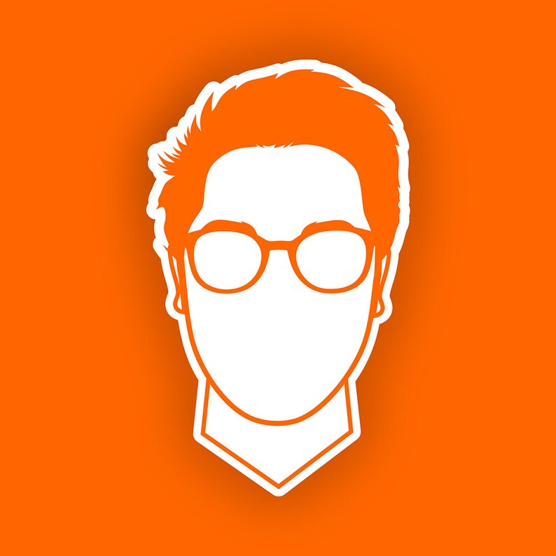 May include: A white silhouette of a person with short, tousled hair wearing glasses. The background is orange.