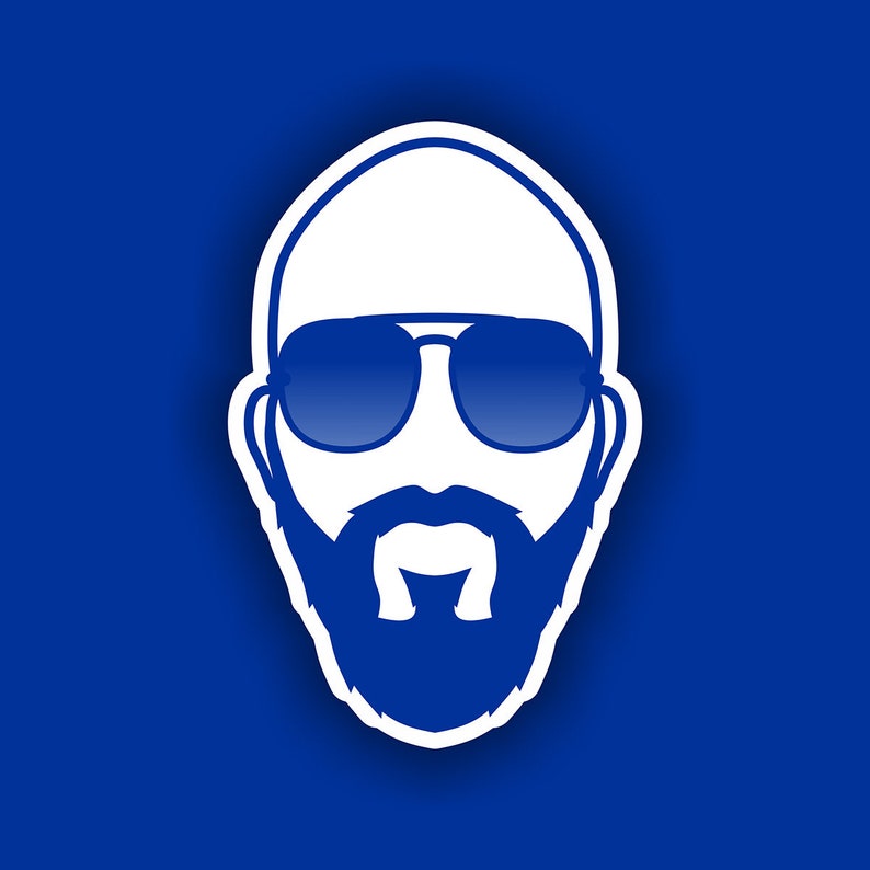 May include: A white silhouette of a person with a beard and sunglasses on a blue background.