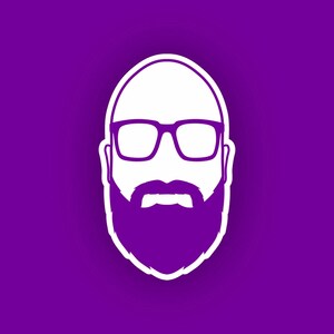 May include: A white silhouette of a person with a purple beard and glasses on a purple background.