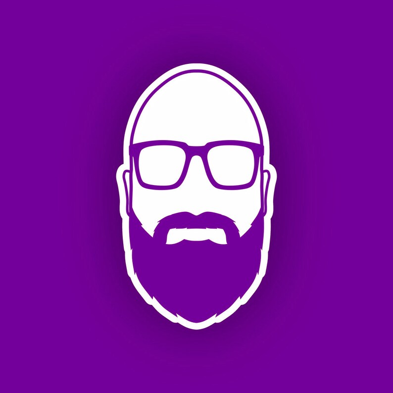 May include: A white silhouette of a person with a purple beard and glasses on a purple background.