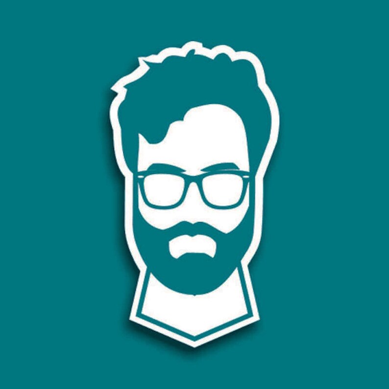 May include: A white silhouette of a person with a beard and glasses on a teal background.