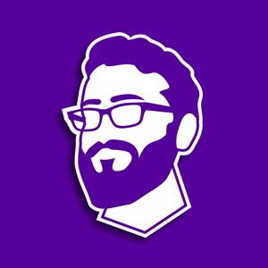 May include: A white silhouette of a person with a beard and glasses against a purple background.