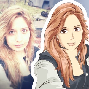 K&ouml;nnte beinhalten: Das Bild zeigt eine geteilte Komposition: ein Foto und eine Illustration im Anime-Stil einer Frau. Die Illustration zeigt eine Frau mit langen, rotbraunen Haaren, die eine schwarze Jacke mit wei&szlig;em Kragen und einem Totenkopf-Design tr&auml;gt. Das Foto ist ein verblasstes Bild derselben Frau.