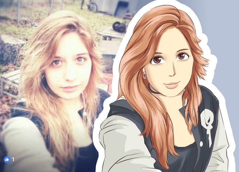 K&ouml;nnte beinhalten: Das Bild zeigt eine geteilte Komposition: ein Foto und eine Illustration im Anime-Stil einer Frau. Die Illustration zeigt eine Frau mit langen, rotbraunen Haaren, die eine schwarze Jacke mit wei&szlig;em Kragen und einem Totenkopf-Design tr&auml;gt. Das Foto ist ein verblasstes Bild derselben Frau.