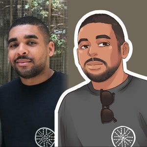 K&ouml;nnte beinhalten: Ein geteiltes Bild, das ein echtes Portr&auml;t und eine Cartoon-Illustration eines Mannes zeigt. Der Mann auf dem Foto tr&auml;gt ein schwarzes T-Shirt mit einer wei&szlig;en Grafik. Die Cartoon-Version hat eine Sonnenbrille und ein &auml;hnliches graues T-Shirt. Beide Bilder zeigen den Mann mit Bart.