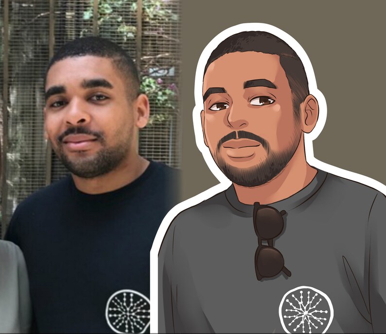 K&ouml;nnte beinhalten: Ein geteiltes Bild, das ein echtes Portr&auml;t und eine Cartoon-Illustration eines Mannes zeigt. Der Mann auf dem Foto tr&auml;gt ein schwarzes T-Shirt mit einer wei&szlig;en Grafik. Die Cartoon-Version hat eine Sonnenbrille und ein &auml;hnliches graues T-Shirt. Beide Bilder zeigen den Mann mit Bart.