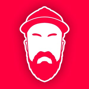 May include: A white silhouette of a person with a red hat and beard. The person's eyes are closed and the beard is full and bushy.
