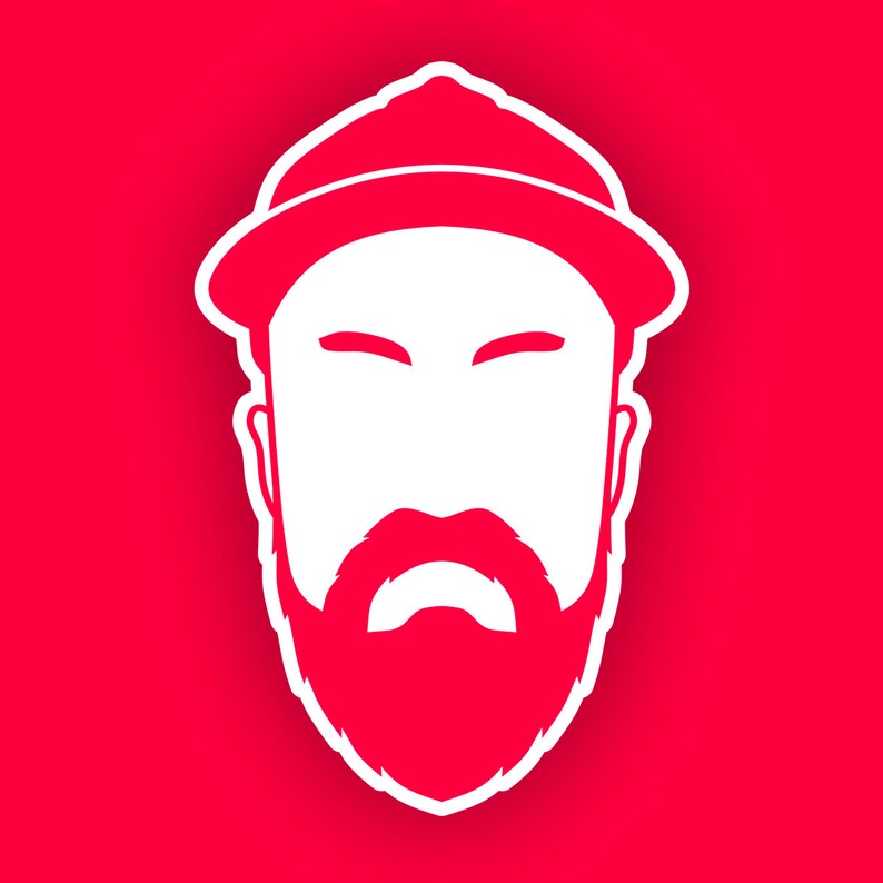 May include: A white silhouette of a person with a red hat and beard. The person's eyes are closed and the beard is full and bushy.