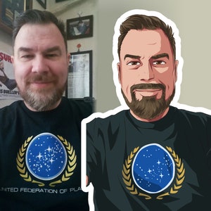 K&ouml;nnte beinhalten: Ein schwarzes T-Shirt mit einem blau-wei&szlig;en Emblem, einem goldenen Lorbeerkranz und dem Text "UNITED FEDERATION OF PLA". Das Bild enth&auml;lt auch eine Cartoon-Version der Person, die das T-Shirt tr&auml;gt.