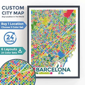 May include: A colorful, geometric map of Barcelona, Spain. The map is made up of squares in various colors, including red, orange, yellow, green, blue, and purple. The city name "BARCELONA" is printed in large, bold letters at the bottom of the map.