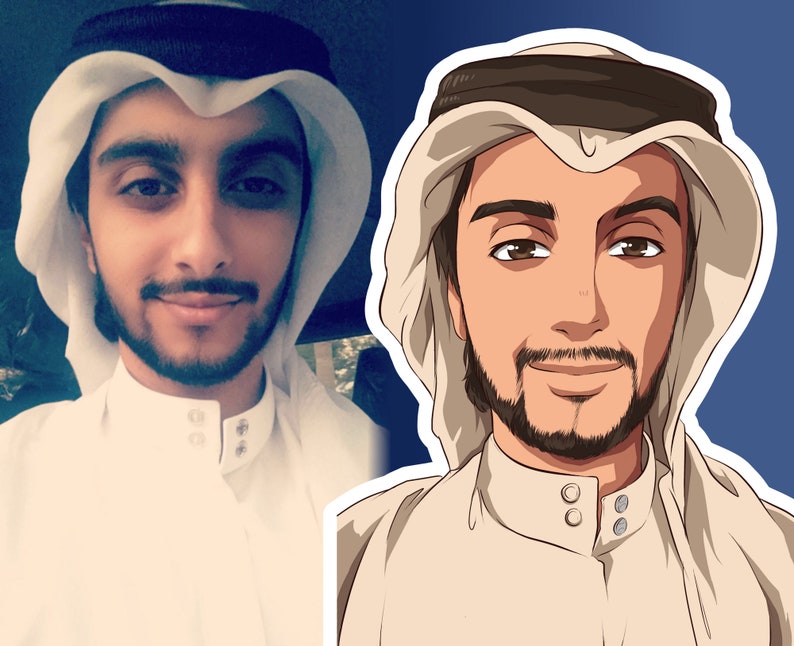 K&ouml;nnte beinhalten: Ein geteiltes Bild, das einen Mann in traditioneller arabischer Kleidung zeigt. Links ein Foto, rechts eine Illustration im Anime-Stil. Beide Bilder zeigen einen Mann mit Bart und wei&szlig;em Kopfschmuck mit einem schwarzen Band.