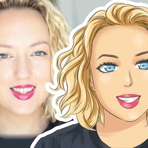K&ouml;nnte beinhalten: Ein geteiltes Bild, das eine Frau und eine Cartoon-Illustration von ihr zeigt. Die Frau hat blonde, wellige Haare, blaue Augen und roten Lippenstift. Die Cartoon-Version hat &auml;hnliche Merkmale, mit hellblauen Augen und einem l&auml;chelnden Ausdruck.