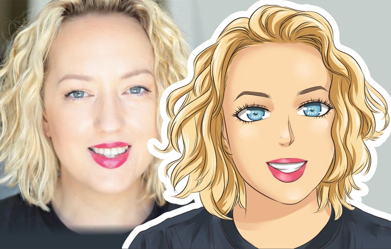 K&ouml;nnte beinhalten: Ein geteiltes Bild, das eine Frau und eine Cartoon-Illustration von ihr zeigt. Die Frau hat blonde, wellige Haare, blaue Augen und roten Lippenstift. Die Cartoon-Version hat &auml;hnliche Merkmale, mit hellblauen Augen und einem l&auml;chelnden Ausdruck.