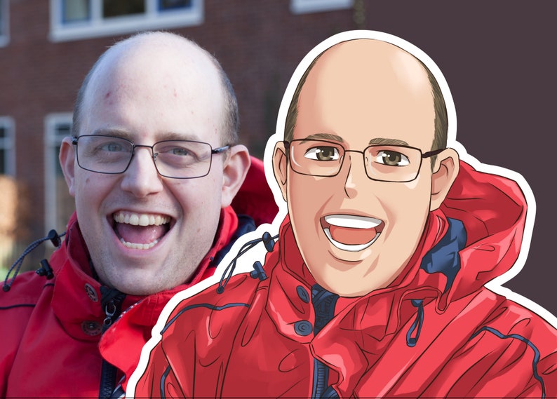 K&ouml;nnte beinhalten: Ein geteiltes Bild, das einen Mann in einer roten Jacke und Brille zeigt, sowie eine Illustration im Anime-Stil derselben Person. Beide Bilder zeigen den Mann l&auml;chelnd mit offenem Mund. Die Illustration hat einen wei&szlig;en Umriss.